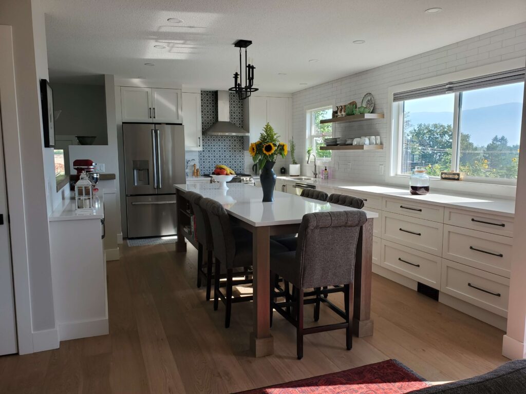 light and bright kitchen renovation with long table